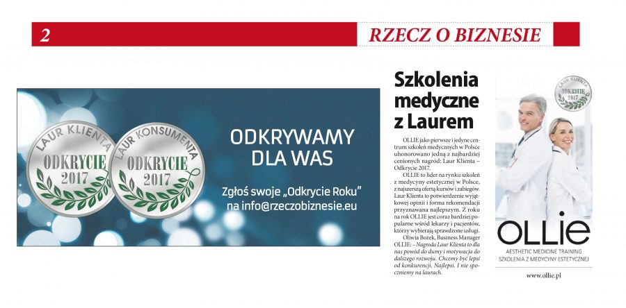 OLLIE nagrodzone godłem “Laur Klienta” w kategorii Odkrycie roku 2017 w dodatku Rzeczpospolitej “Rzecz o biznesie”